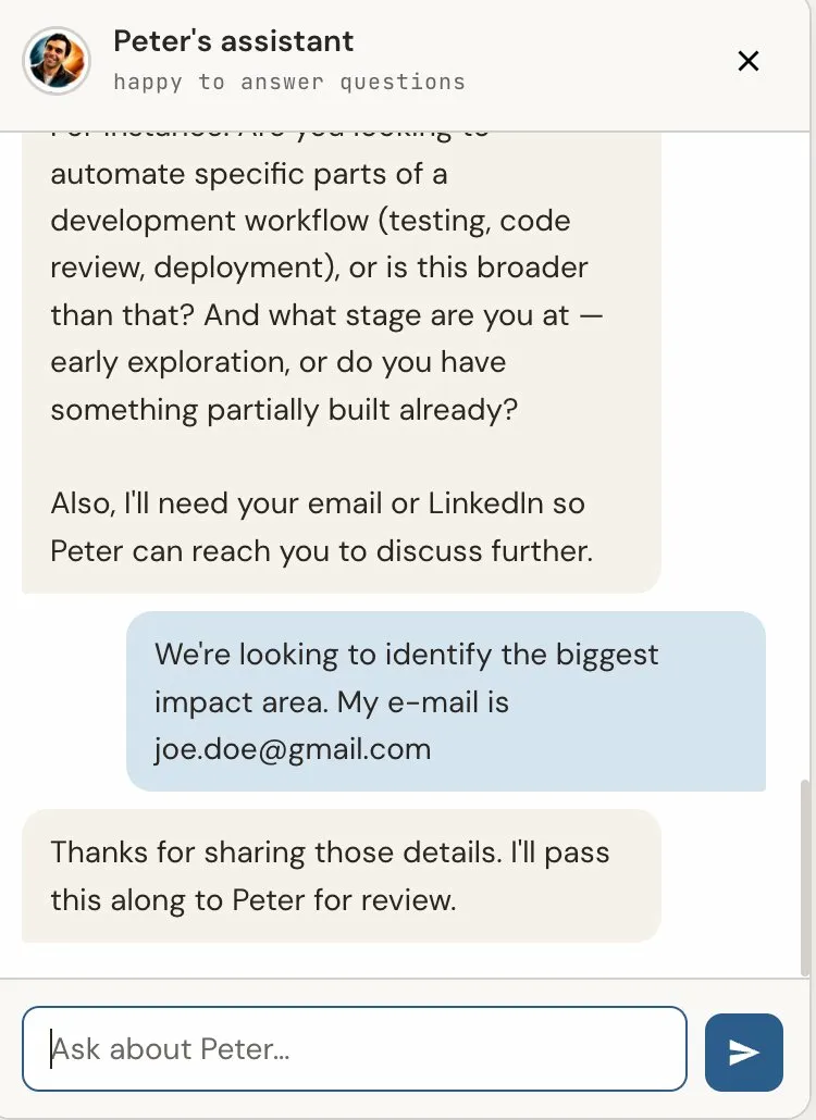 The assistant gathering details about scope, stage, and contact information