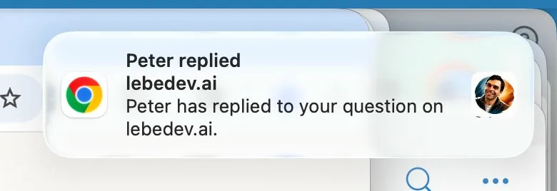 macOS push notification showing Peter replied on lebedev.ai