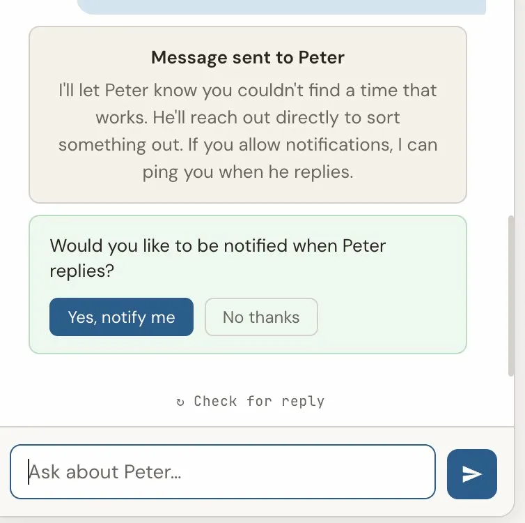 Chat widget showing the assistant gathering details about a consulting inquiry