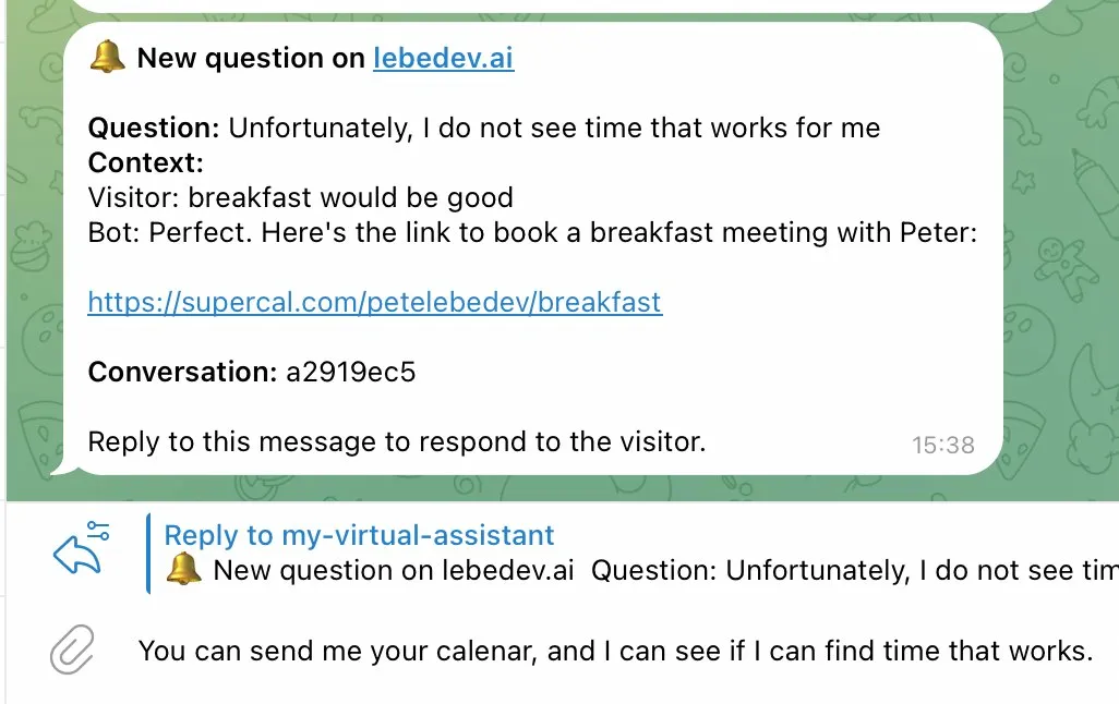 Telegram notification showing the relayed message with full context