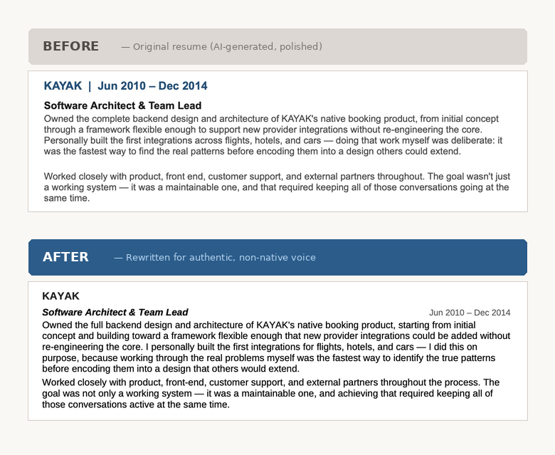 Resume paragraph comparison showing voice evolution from v1 to v7