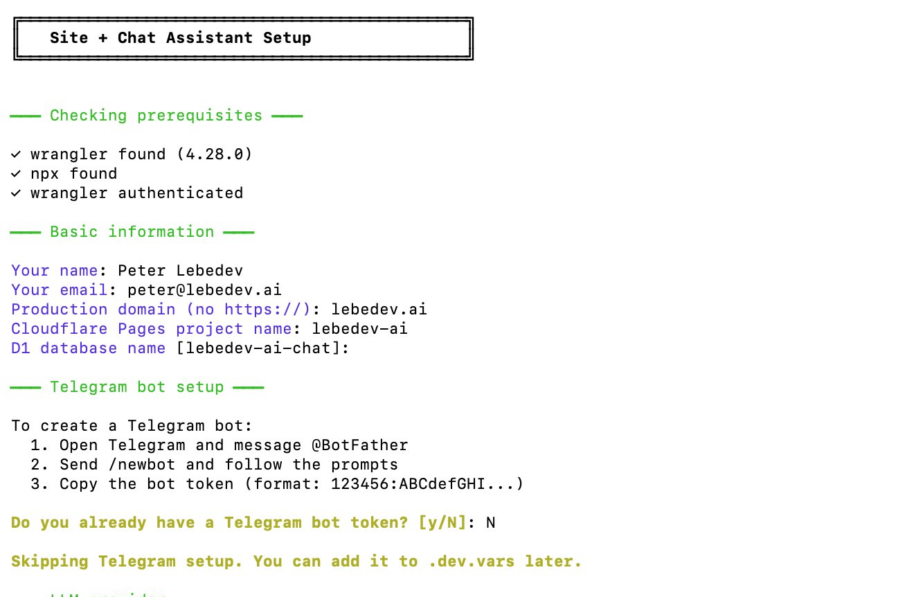 Terminal showing the setup script running with green checkmarks for completed steps and a question prompt for configuration